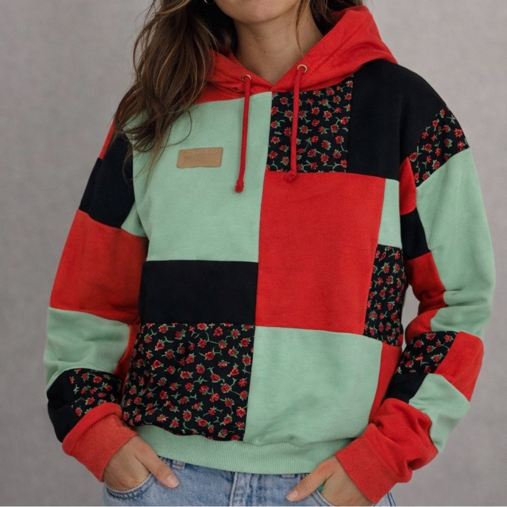 Upcycled Handmade Patchwork Wrangler Floral Hoodie - Red, Green & Black Sweater